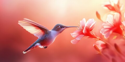 Fototapeta premium Hummingbird drinks nectar from a vibrant pink flower blossom