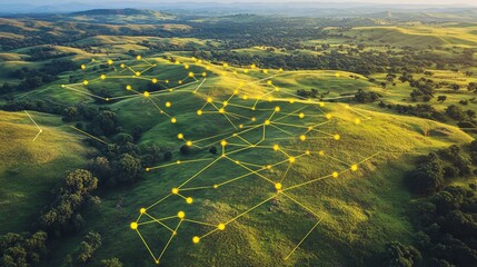 Digital network overlay on green rolling hills with connected dots illustrating technology concept
