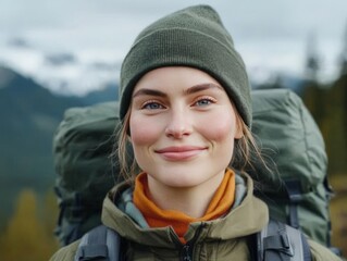 Smiling female hiker wearing green beanie and backpack standing against scenic mountain landscape in crisp morning air symbolizing adventure outdoor lifestyle and wanderlust spirit