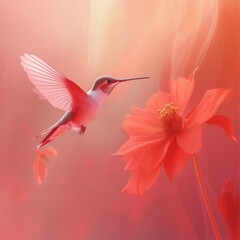 Fototapeta premium Hummingbird in flight nears a vibrant flower in a garden