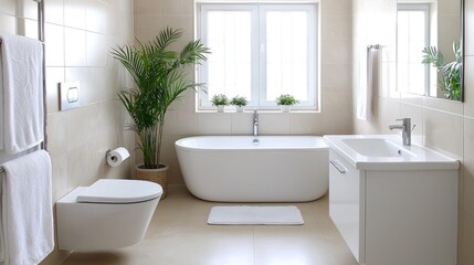 Modern bathroom interior with tub and plants. Possible stock photo use