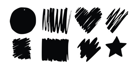 Hand-drawn vector black marker lines, scratches, scribbles, grungy highlighter underlines, rough punk market stroke collection, expressive textured marks, set of black grunge blots, daubs, and dabs.