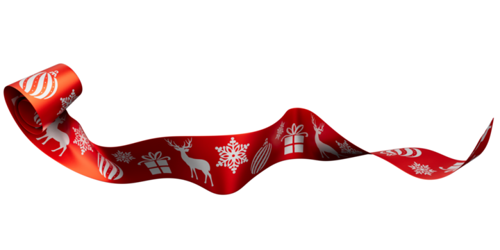 Red Ribbon with White Christmas print on transparent background. Deer gift box snow flake