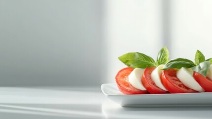 Caprese Salad Delight: A plate of caprese salad, the vibrant red of tomato slices contrasted with creamy mozzarella and fresh basil leaves, a symphony of flavors and textures for food lovers.