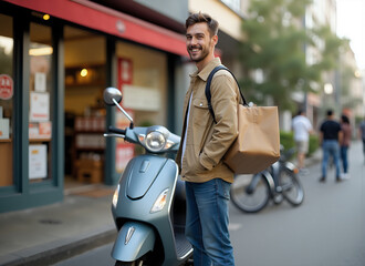 A smiling courier with a delivery box next to a motorcycle on a city street