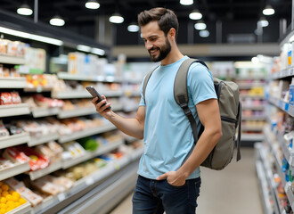 A young courier with a backpack checks a smartphone in a supermarket