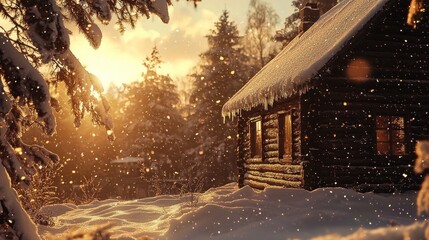 Snowy cabin sunset winter wonderland.