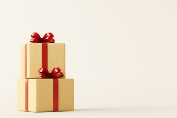 Stack of elegant gift boxes with red ribbons on minimalistic clean background representing festive celebration special occasion surprise and luxury present concept for premium gifting experience