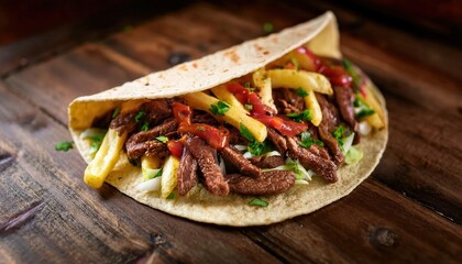 Delicious roast beef taco with guacamole and crisp fries wrapped in soft flour tortilla