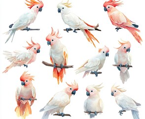 Obraz premium Colorful cockatoos perched on branches in vibrant watercolor style