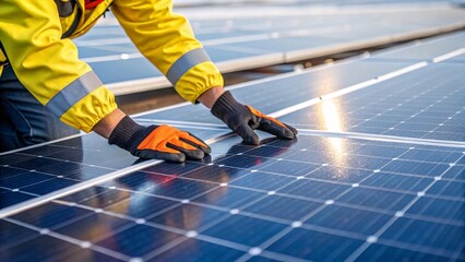 Male professional engineer installing solar photovoltaic panel system, Electrician, worker mounting blue solar module technology on power industrial factory roof, Alternative energy, renewable energy.