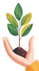 Hand holding small green sapling with soil symbolizing eco conscious growth sustainability concept for conservation awareness environmental protection and reforestation initiatives