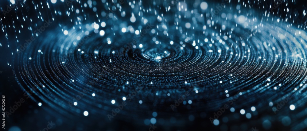Poster abstract blue digital rain falling on concentric circles, creating a futuristic technological backgr