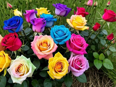 Colorful rainbow roses ina beautiful field.