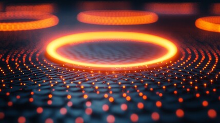 Glowing orange rings hover above a surface of illuminated points