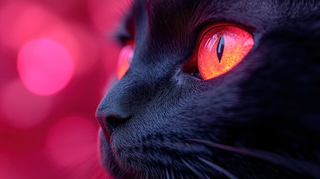 Black cat's fiery eyes, bokeh background, pet portrait