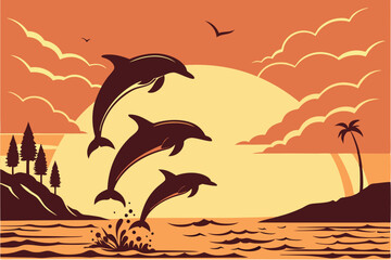  Silhouettes of dolphins jumping, golden sunset over ocean, vibrant orange sky, dramatic clouds, calm sea reflection, serene seascape, majestic marine life, nature photography, high contrast, backli