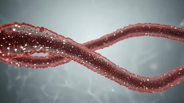 AI-generated video showing swirling red fluid strands with shimmering particles, creating a mesmerizing and dynamic visual effect.
