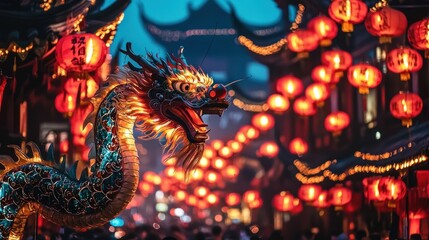 Obraz premium Dragon statue at night, illuminated by lanterns.