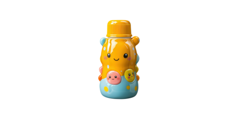 Cute cartoon animal-shaped bottle with smiling faces isolated on transparent background