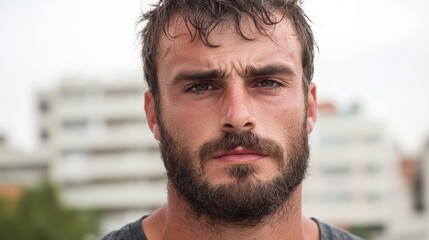 Fototapeta premium Serious man, urban background, portrait, website profile
