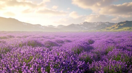 Sunlit lavender field in a mountain valley at sunrise.