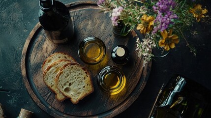 Rustic wooden board with bread, olive oil, and wildflowers.