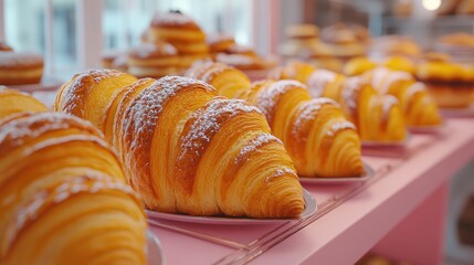 Bakery croissants display, powdered sugar, window background