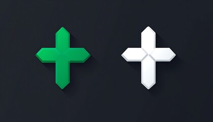 Obraz premium Cross vector icon in green and white for healthcare on a simple solid dark background