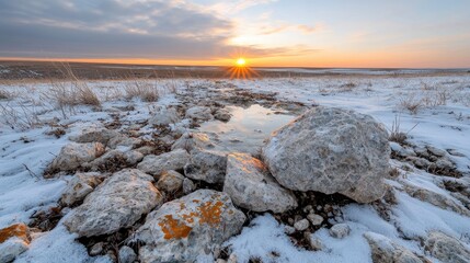 Sunset over snowy plains, reflecting in winter puddle