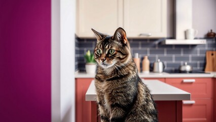 Tabby Cat Sitting in Modern Kitchen