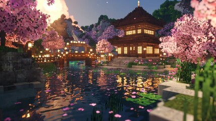 Fototapeta premium Serene Japanese garden at sunset, with cherry blossoms, wooden bridge, and temple.