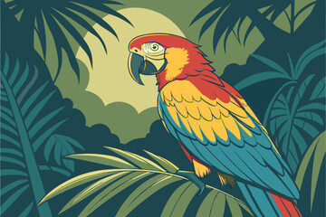  Vibrant macaw parrot, colorful plumage, jungle setting, lush green foliage, detailed feathers, bright yellow and red head, blue and green wings, sharp curved beak, piercing eye, tropical rainforest © Manik Mia