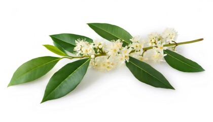 Fototapeta premium Sprig of cherry laurel blooming with small white flowers and glossy green leaves, isolated on white