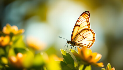 Obraz premium Beauty in nature. Tranquil closeup of butterfly, soft morning sunlight pastel colors. Peaceful bright blue green blur lush foliage. Sunset abstract macro spring nature amazing artistic natural flora