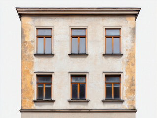 Obraz premium Weathered and Deteriorating Neoclassical Facade of an Abandoned Building Contrasts with a Pristine White Background.
