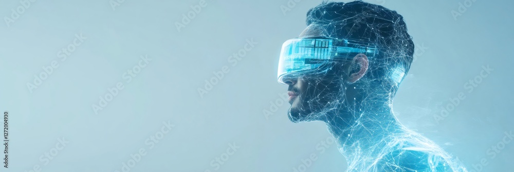 Poster Businessman wearing vr headset is exploring metaverse, visualizing futuristic innovative technology with glowing lines and network connection