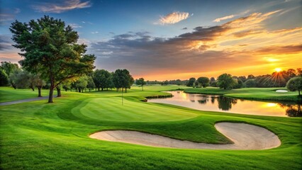 Golfcourse, Beautiful landscape of a golf court with trees and green grass.
