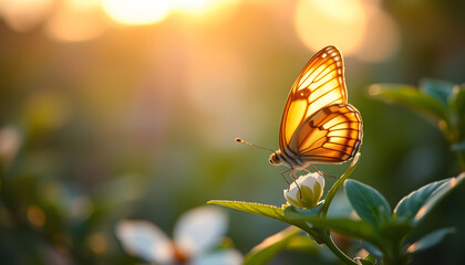 Beauty in nature. Tranquil closeup of butterfly, soft morning sunlight pastel colors. Peaceful bright blue green blur lush foliage. Sunset abstract macro spring nature amazing artistic natural flora