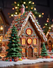 Colorful Christmas tree behind a festive gingerbread house, ornaments, christmas