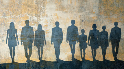 A row of shadowy figures is cast against a weathered wall, creating an abstract yet human silhouette. The group is silhouetted with a weathered background.