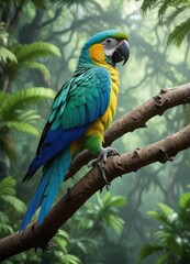 Obraz premium Colorful parrot with blue green feathers perched on a tropical branch in the forest canopy, nature's splendor, arboreal bird, forest habitat