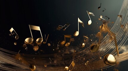 This image features an elegant arrangement of golden musical notes floating in a dark background, symbolizing harmony, creativity, and the beauty of music in a captivating way.