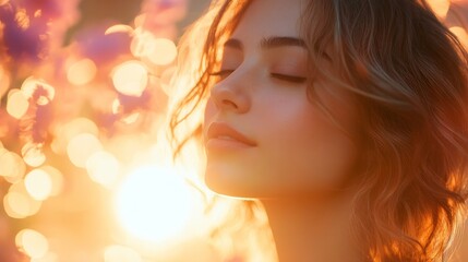 Beautiful woman with closed eyes bathed in golden light