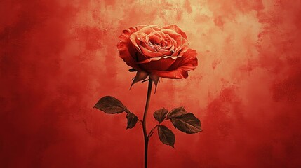 Elegant red rose is centered against a textured backdrop