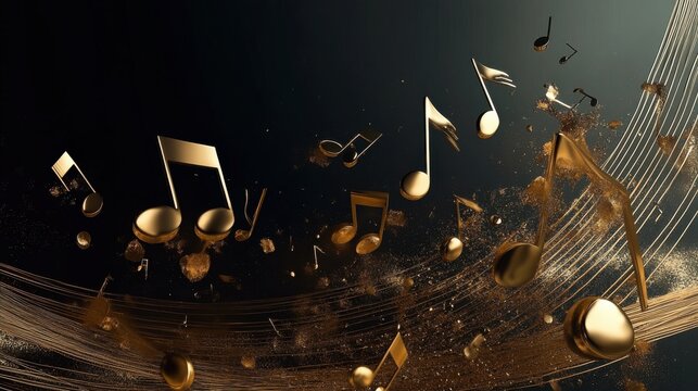 This image features an elegant arrangement of golden musical notes floating in a dark background, symbolizing harmony, creativity, and the beauty of music in a captivating way.