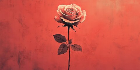 A single rose stands tall against a textured red background