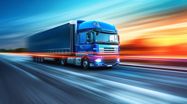 A blue semi-truck speeding down a highway, motion blur suggests speed, highlighting efficiency in logistics and freight transport.