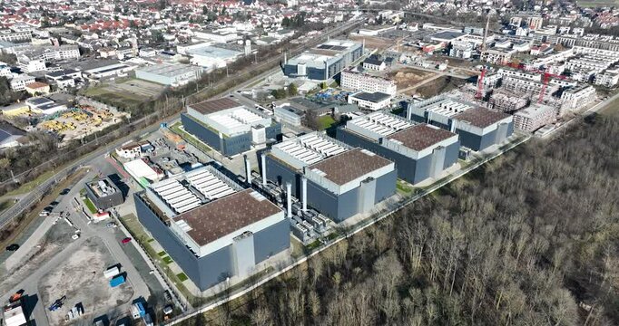 Data center space, Frankfurt 4 Data Center, housing IT and network systems, AI and cloud computing. Aerial views.
