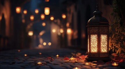 A cobblestone street at night, illuminated by lanterns and candles.